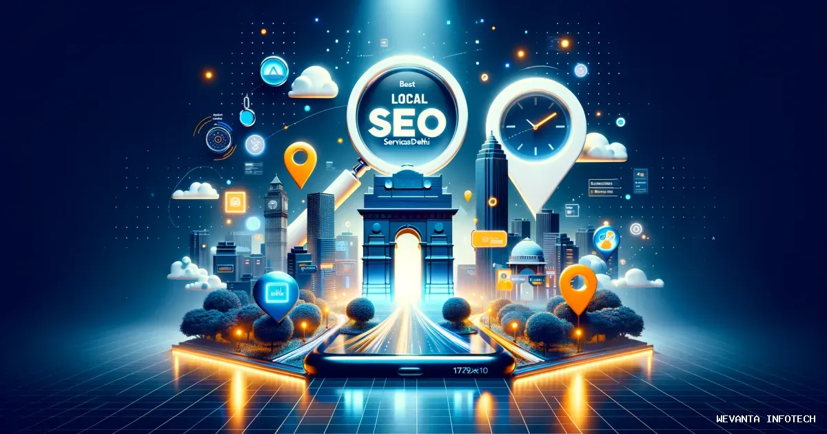 Illustration of Delhi cityscape with digital marketing icons representing local SEO services.